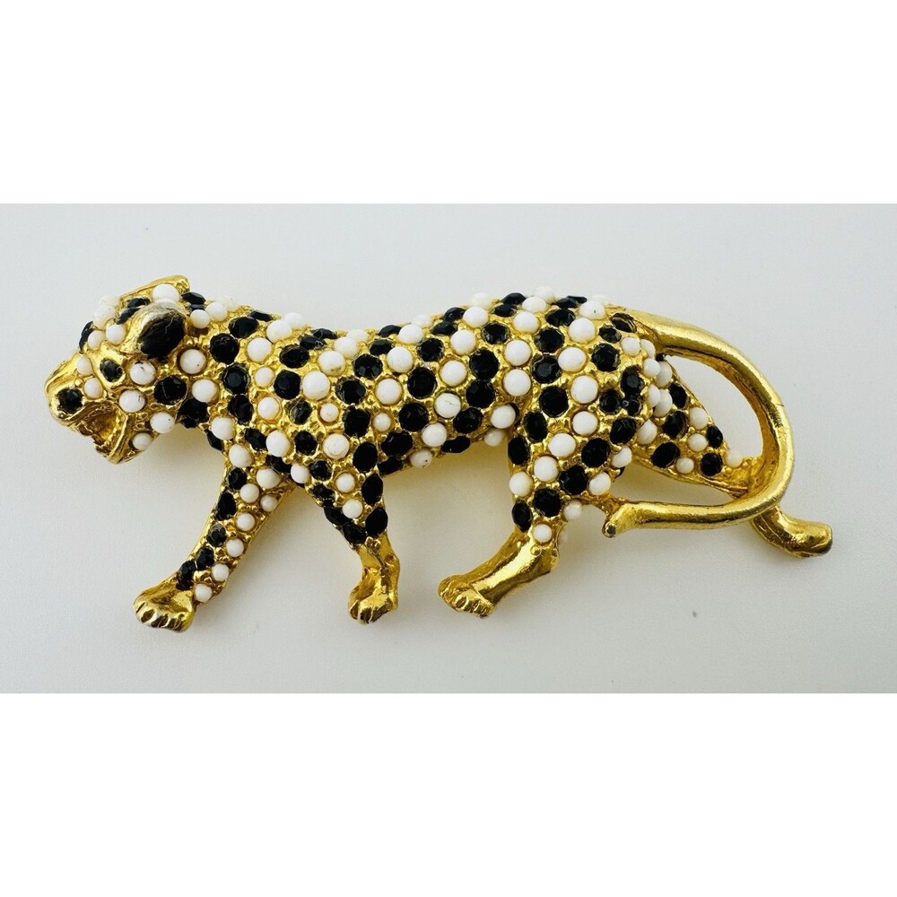 Vintage Leopard Panther Gold Tone Brooch Black White Cabochons 80’s Runway 3”